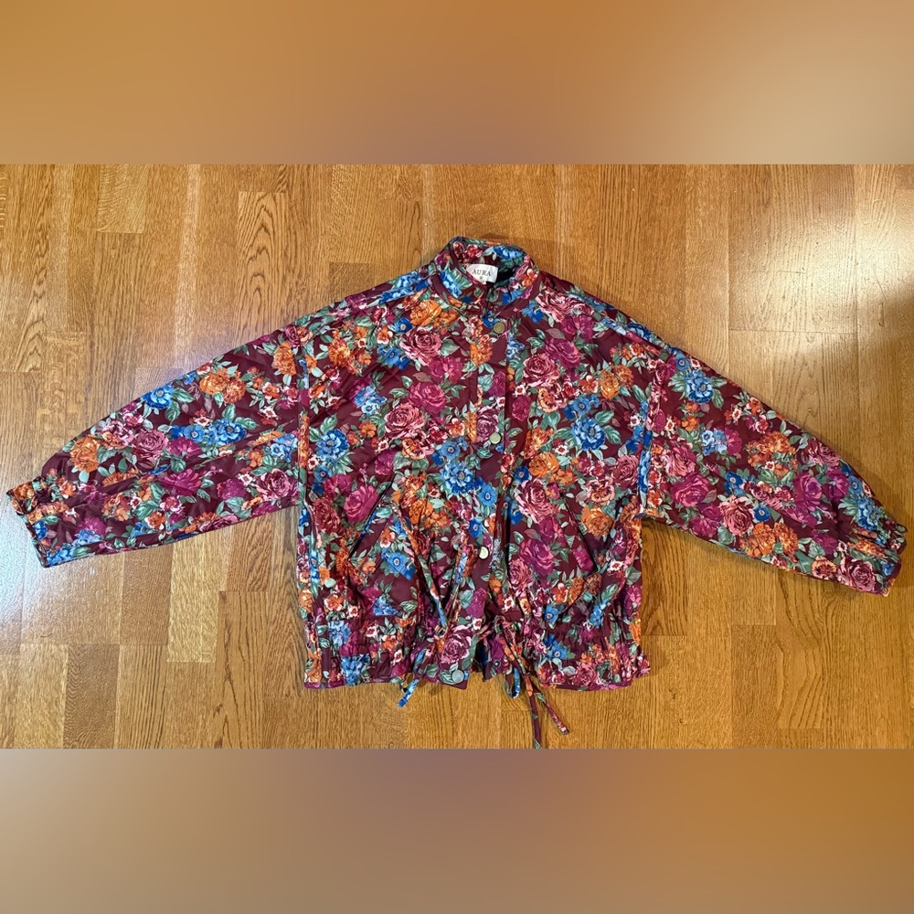 Aura Floral Quilted Bomber Jacket Size Medium Burgundy